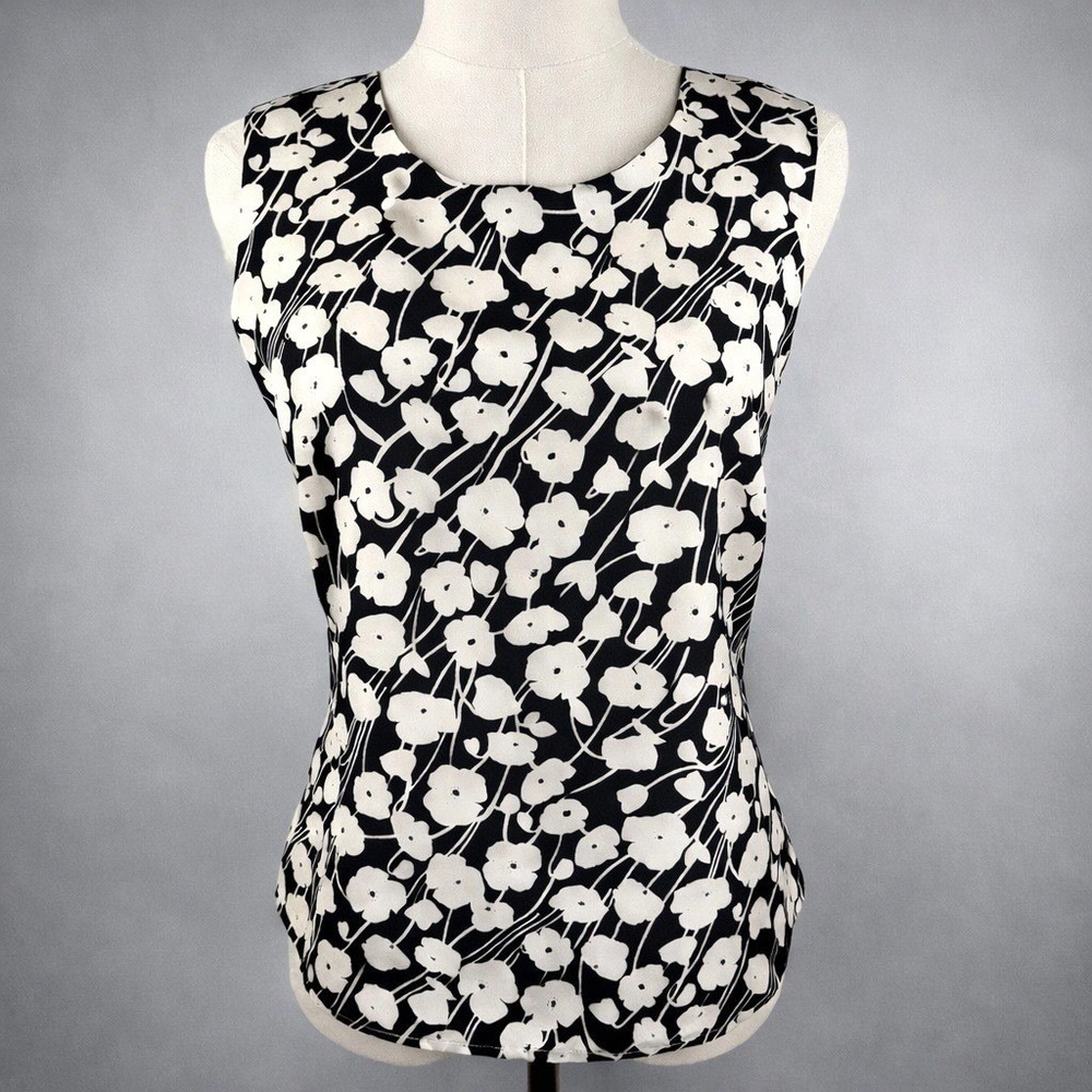 Neiman Marcus Exclusive Silk Floral Blouse Quiet Luxury Black White Minimalist 6